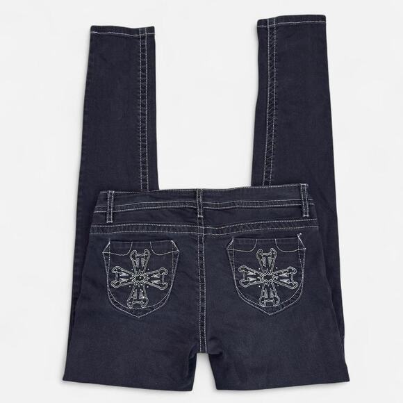 VTG Y2K Georgiou Off-Black & Silver Threaded Rhinestone Cross Low Rise Jeans 28 - Picture 1 of 7